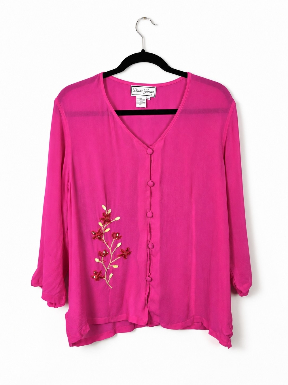 Vintage Diane Gilman 100% Silk Pink Beaded Floral Blouse L Art to Wear Feminine
